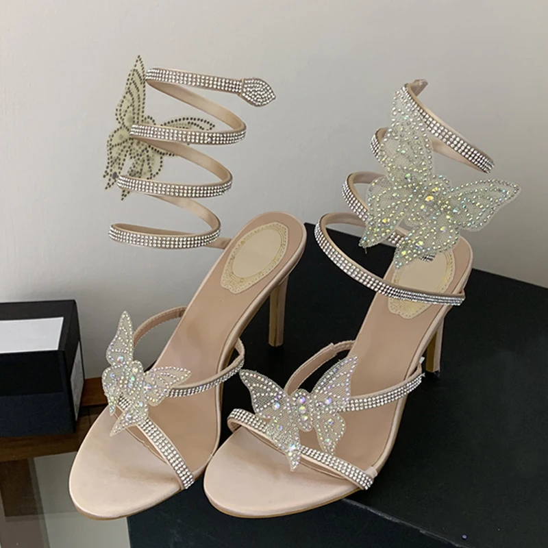 Liyke Fashion Big Crystal Butterfly Snake Shaped Winding Belt High Feeled Sandals Women Open Toe Wedding Banquet Shoe Size 35-42