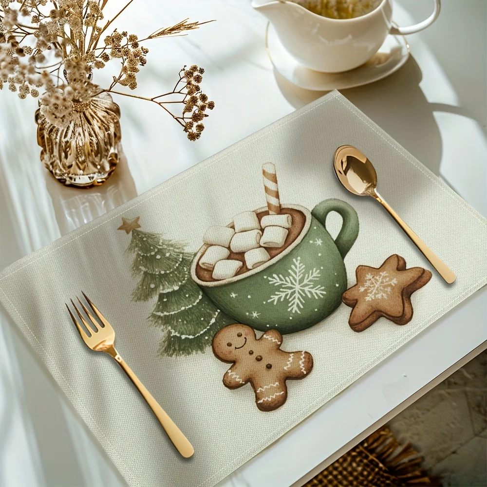 2pc Christmas Linen Table Placemat Set Heat ResistantTable Placemats With Christmas TreeGingerbread Man & Cup Design Pefect For