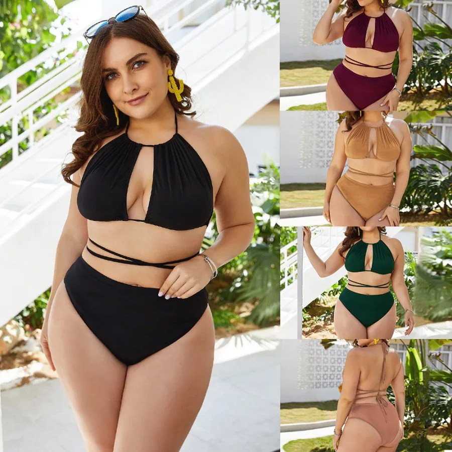 

【HOT】 size 2XL - 5XL three-point solid color sexy bikini high waist strap swimsuit bikini