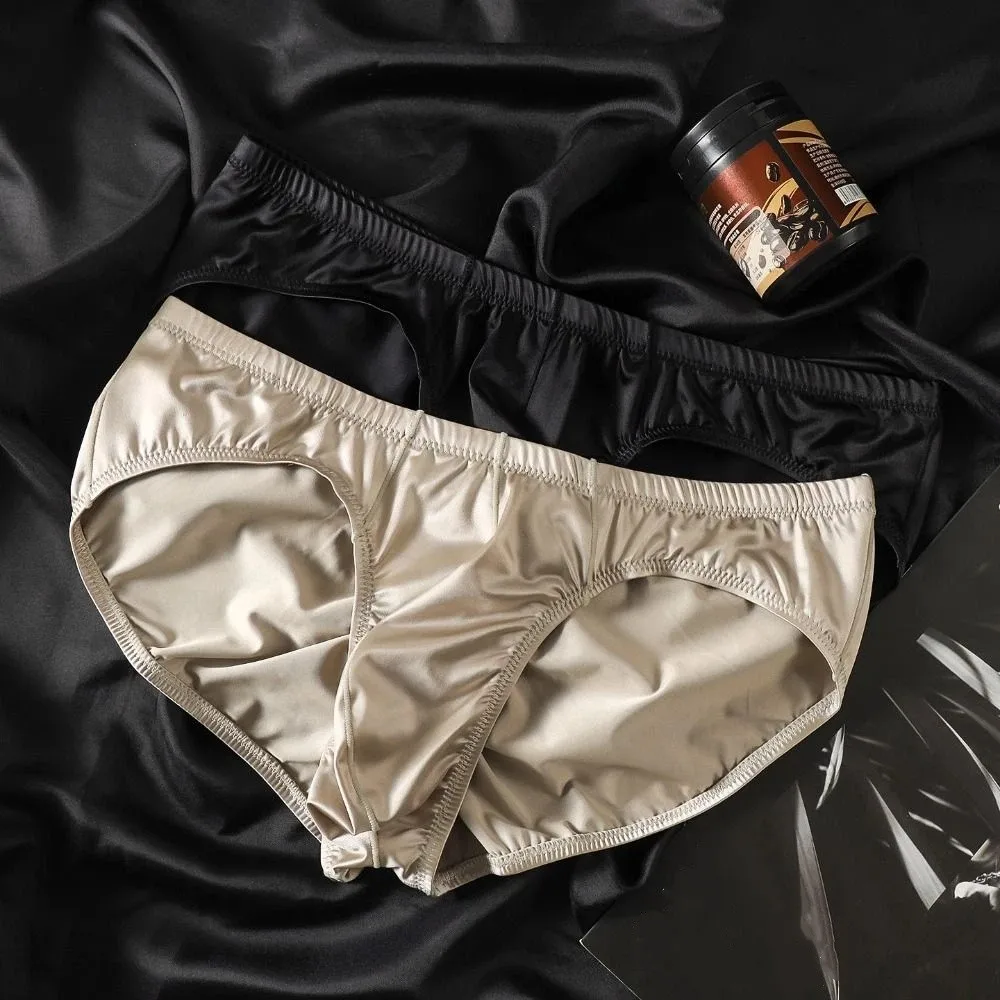 Smooth Low Waist Male Underwear Ice Silk Bulge Pouch Satin Silk Briefs Lingerie Glossy Shiny Men's Triangle Panties Youth