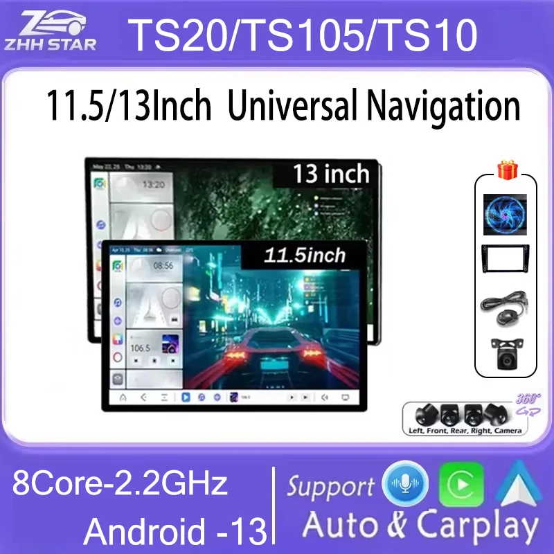 Rádio Automotivo Android 2din TS10 TS20 TS105 com Tela Multimídia de 11.5/13 polegadas e Carplay para Toyota, Volkswagen, Hyundai, Kia, Renault e Lada