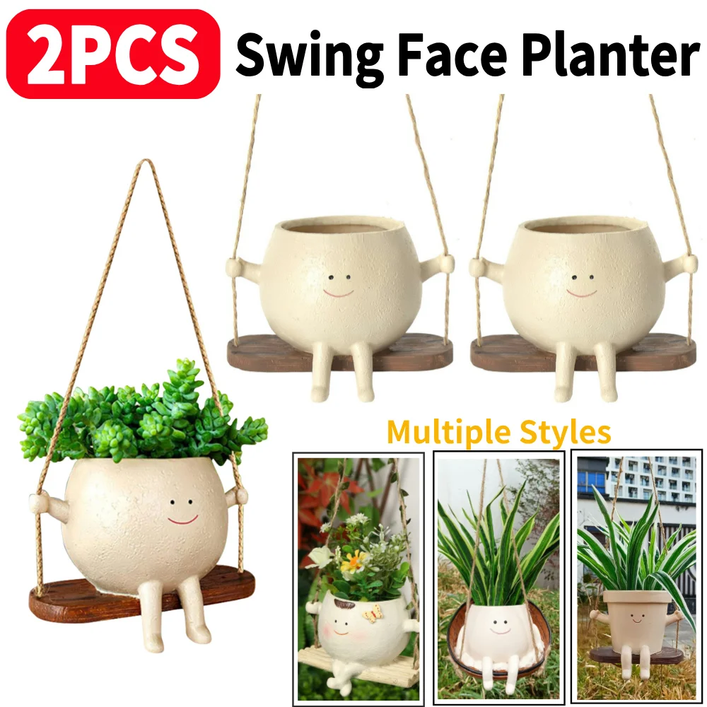 1-2PCS Swing Face Planter Pot Creative Smiling Face Resin Flower Pot Wall Hanging Flower Container Home Garden Patio Supplies
