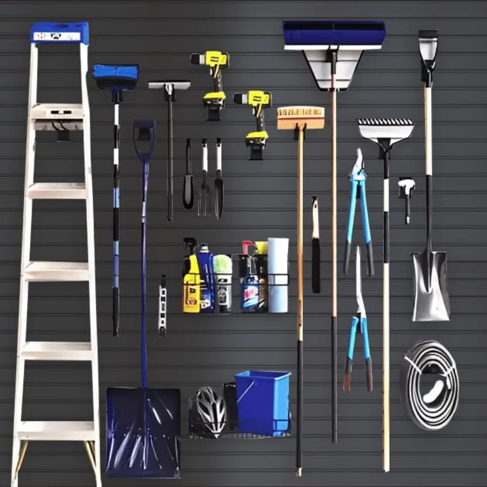 Wandaufbewahrungssysteme mit Lamellenwand-Panel, 4 x 8 Fuß Lamellenverkleidung, Garagen-Organizer, robustes, montiertes PVC-Gestell