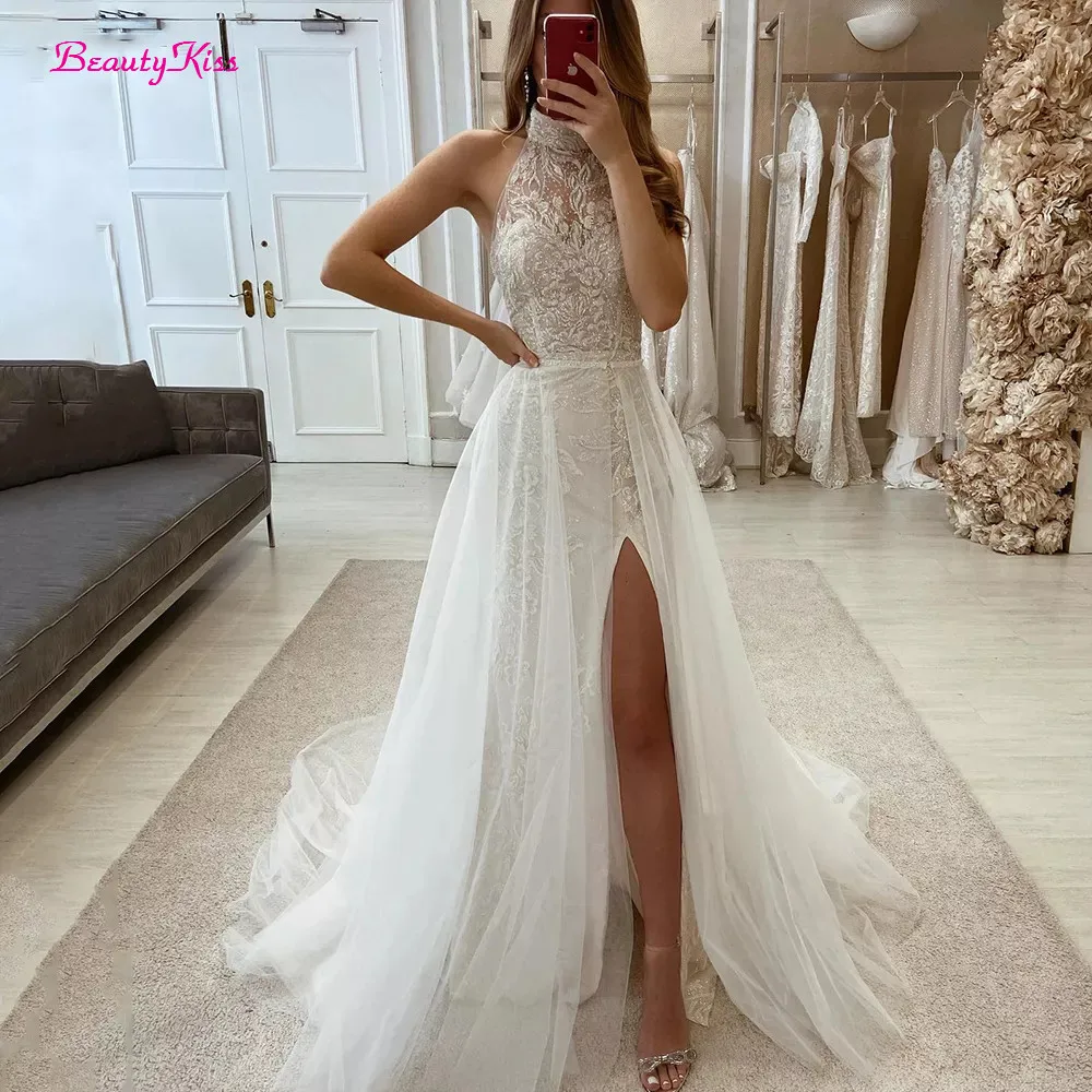 High Halter Lace Wedding Dresses Appliques Mermaid Side Slit Bridal Gowns With Detachable Tulle Train Sexy Long Bride Dress