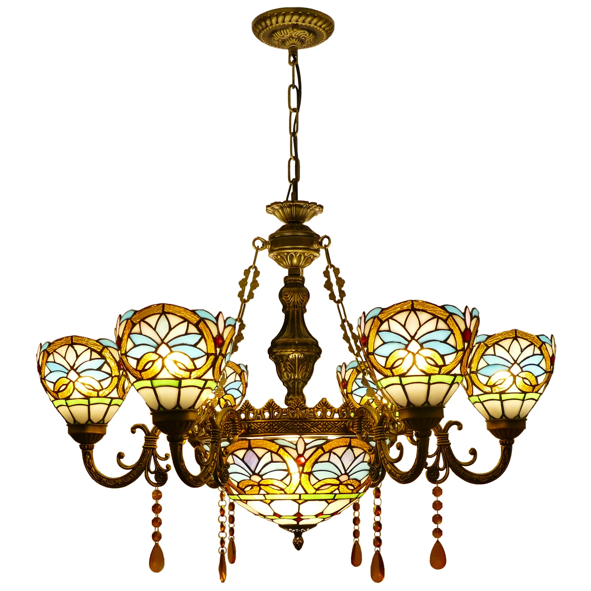 

#@European Pastoral Vintage Mediterranean Stained Glass Living Room Restaurant Bar Hotel Cafe Multi-head Crystal Chandeliers
