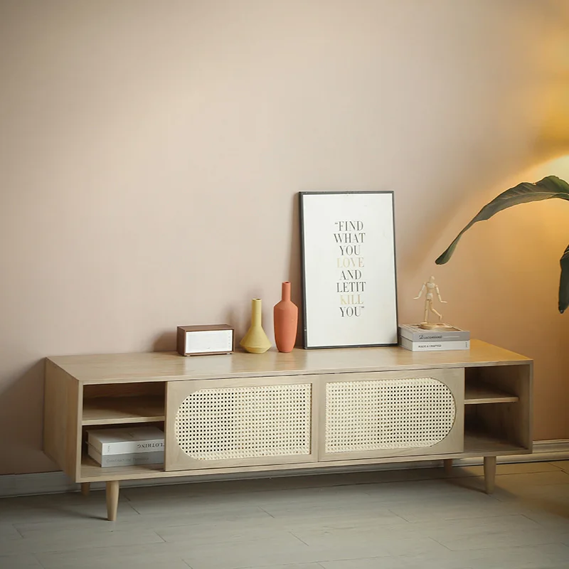

m ​​Nordic Modern Solid Wood TV Stand Italian Style Low Cabinet Small Space Rattan Storage Living Room Furniture ​ m
