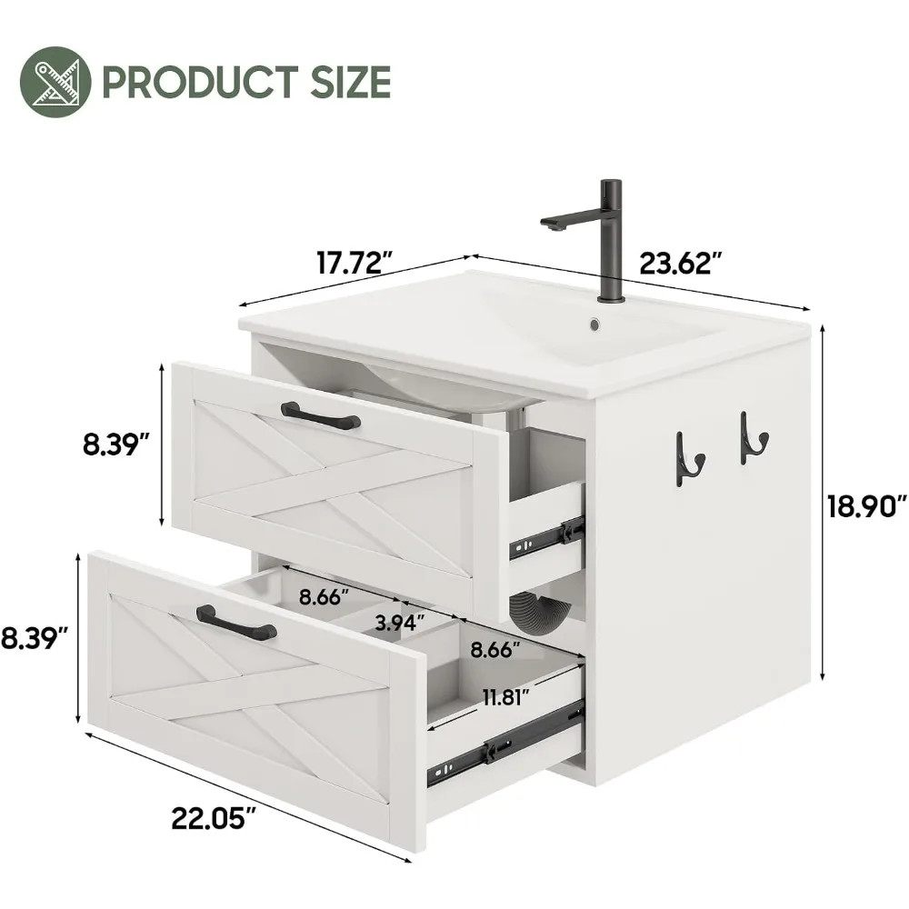 24 Inch Wall Mounted Bathroom Vanity with Sink, Floating Vanity with 2 Drawers and Towel Hook, White