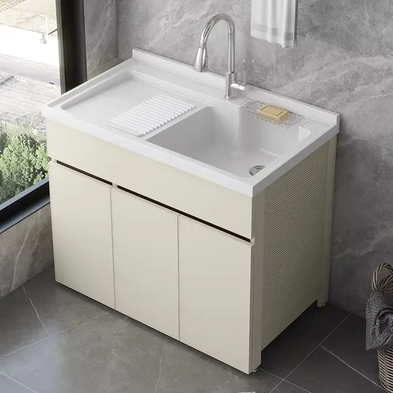 Modern Aluminum Honeycomb Balcony Laundry Cabinet with Integrated Washboard & Floor Vanity Set