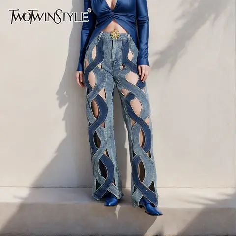 TWOTWINSTYLE Lapptäcke Dragkedja Vårjeans För Dam Hög Midja Ihåliga Ut Casual Vida Benbyxor Dammode Kläder Nya 10 best sales utskurna jeans - №2