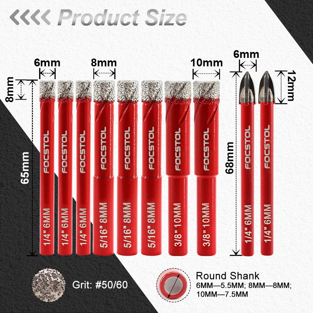FOCSTOL Diamond Drill Core Bit Tile Drill Bit Set Round Shank Drill Bit for Ceramic Porcelain Tile Hole Saw Drill Core Bit