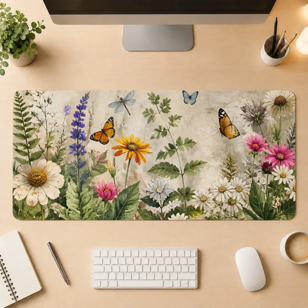 With anti-slip base, beige tablecloth, watercolor patterns of wild flowers, butterflies and plants computer game accessories