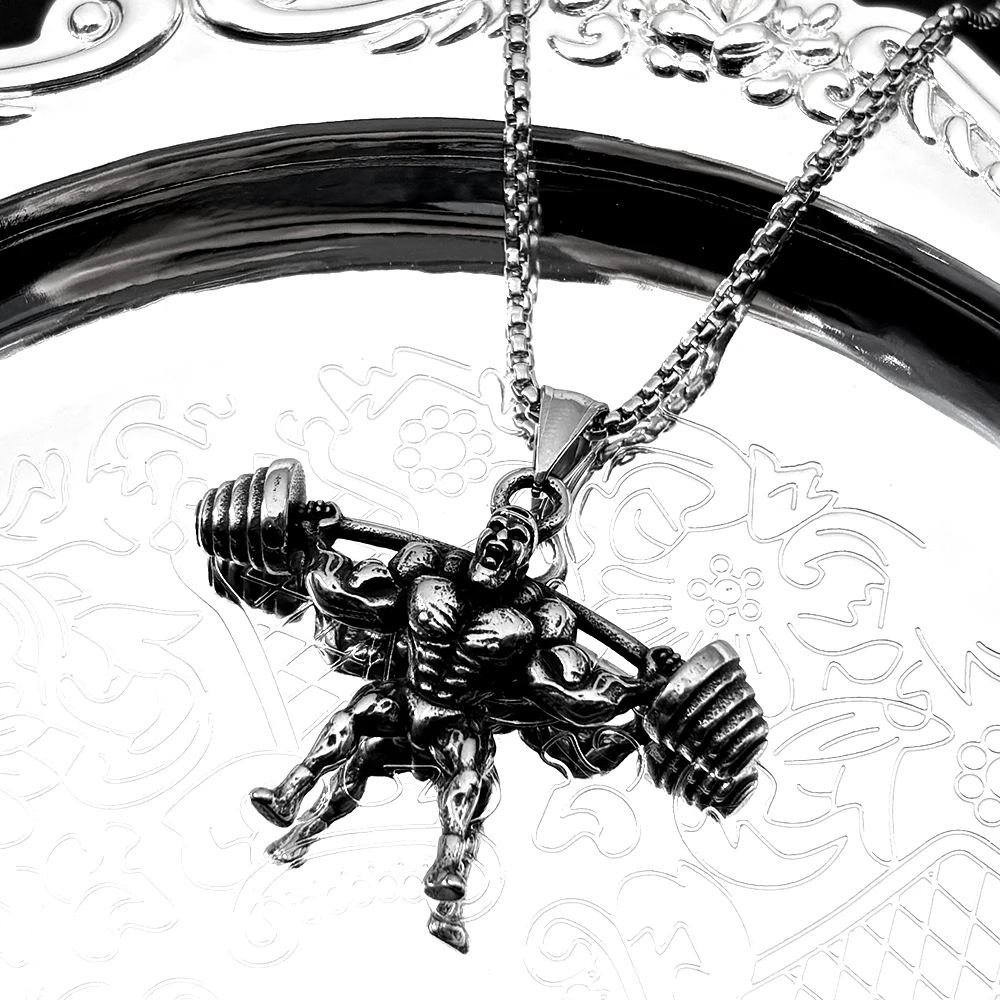 

Stainless Steel Hercules Muscle Men Pendant Necklace For Women Healthy Dumbbell Fitness Dark Punk Man Male Chain Jewelry Gifts