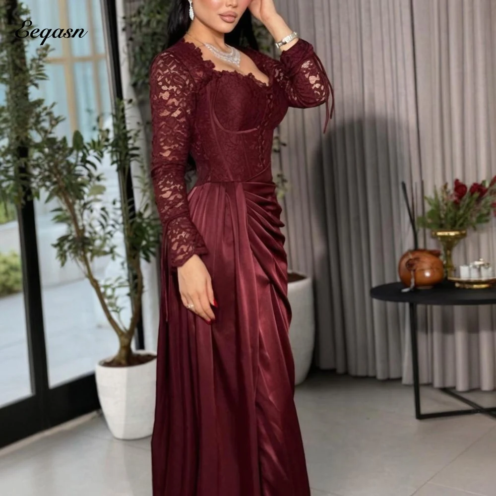 

Elegant Long Sleeve Evening Dress for Woman Burgundy Ruched Leg Split Robes De Soirée Luxury Gala Party Prom Gown Customized