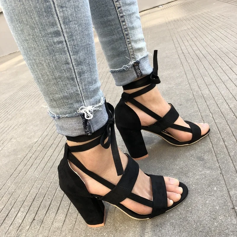 Europe Sexy High Heels Sandals Women 2024 Summer New Gladiator Lace-Up Flock Casual Shoes Woman Size 34-43 High Quality