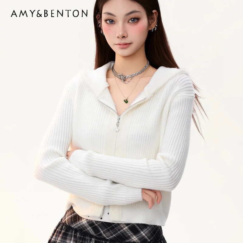 

American Retro Design Knitted Women's Cardigan Jacket Autumn Winter New Gentle Warm Age-Reducing Zipper Hooded Sweater Ladies