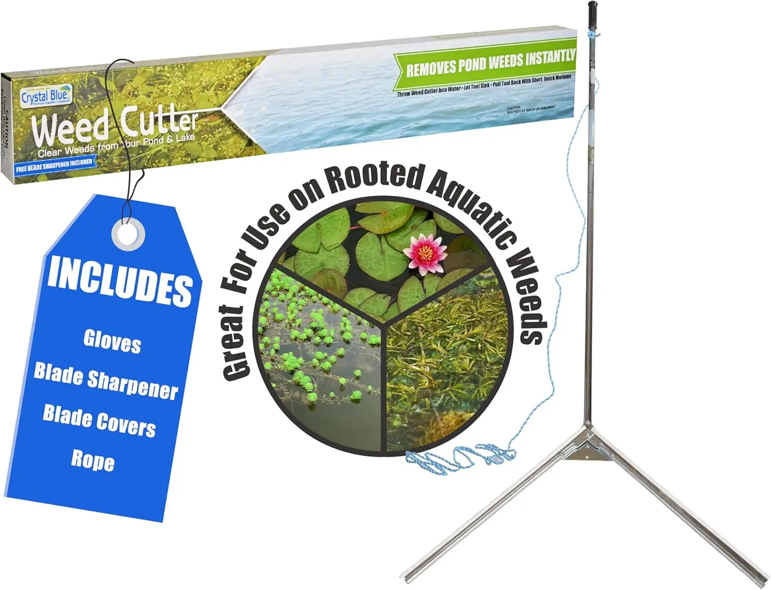 Lake Weed Cutter - 42 inch Wide Cutting Path, Includes 20 Foot Rope, Blade Sharpener & Safety Gloves - Remove Common Pond