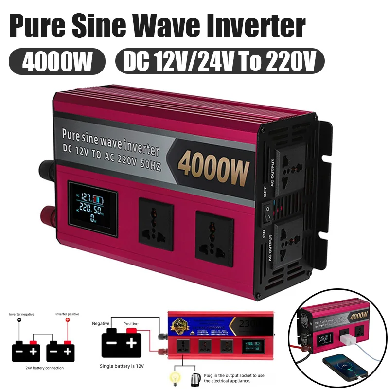 

4000W Pure Sine Wave Inverter DC 12V/24V-AC 220V LED Display Universal Car Electronic Converter Suitable For DC 12V/24V And Car