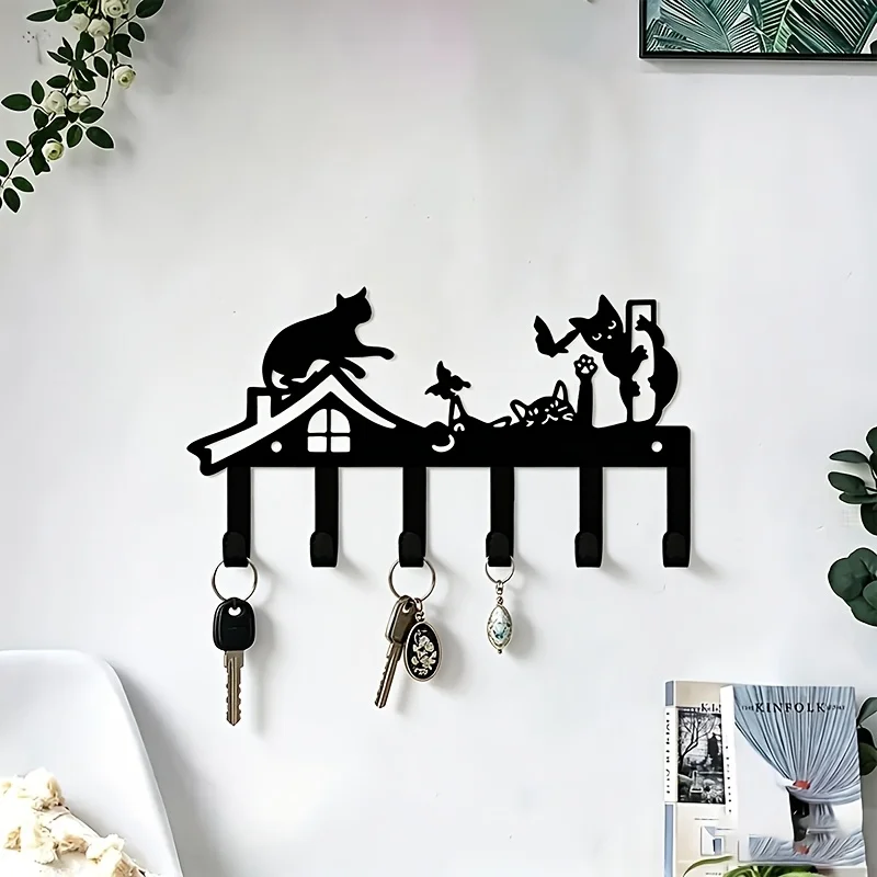 CIFBUY Cute Cat House Iron Wall Art Metal Key Hook Decor for Home Entryway Coat Leash Storage Organizer Decor