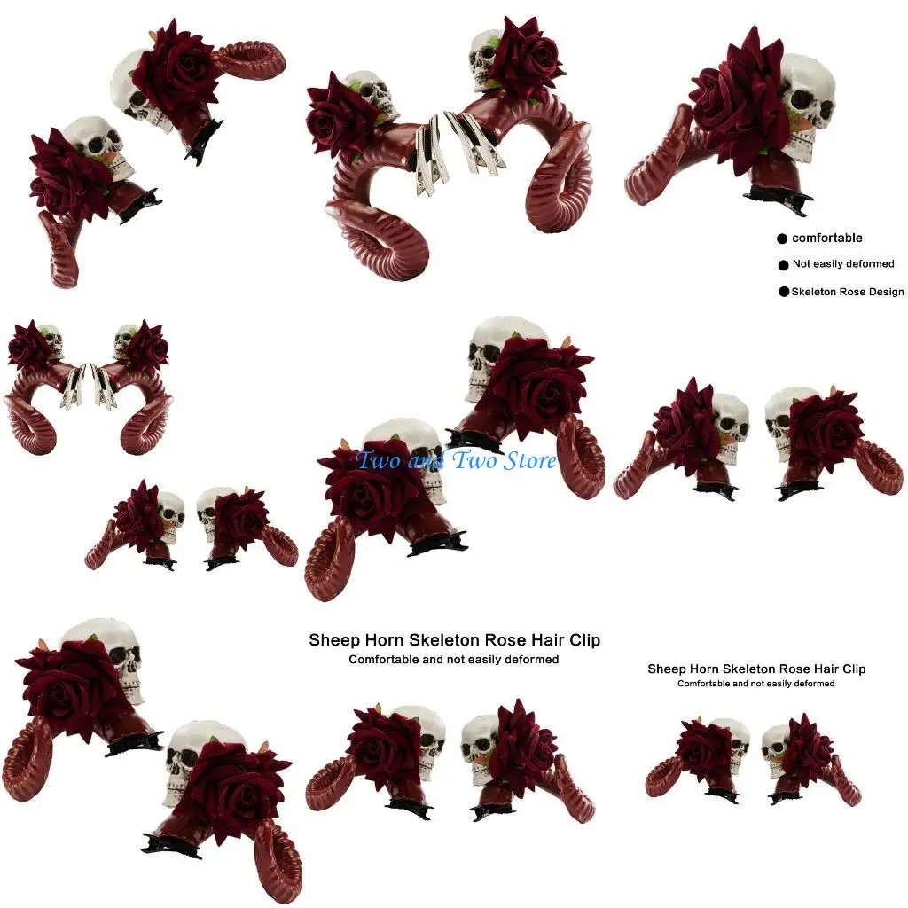 

HX6F Punk Goat Horn Hair Barrettes with Rose Skull Cosplay Party Halloween Costume Side Clip Adult Masquerades Party Hair Clip