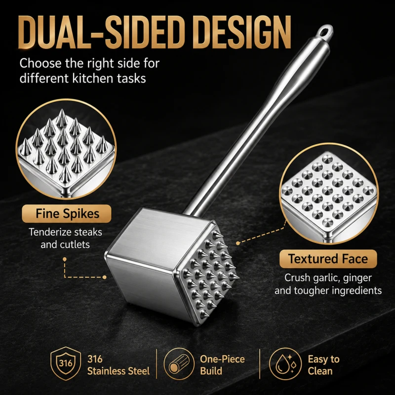 316Stainless steel double-sided meat tenderizer, multi-purpose 2-in-1 steak tenderizer, thickened and labor-saving beef tenderiz