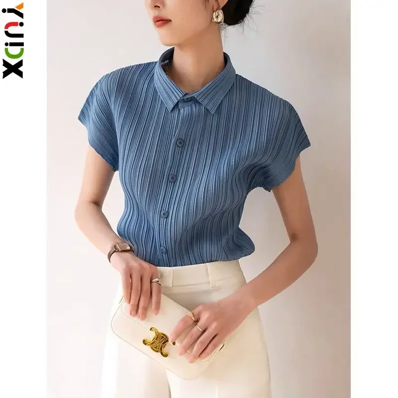 

YUDX Miyake Pleated Tops Women Casual White Polo Lapel Short Sleeve Shirt Designer Clothes Polo Shirt Women 2023 Autumn New