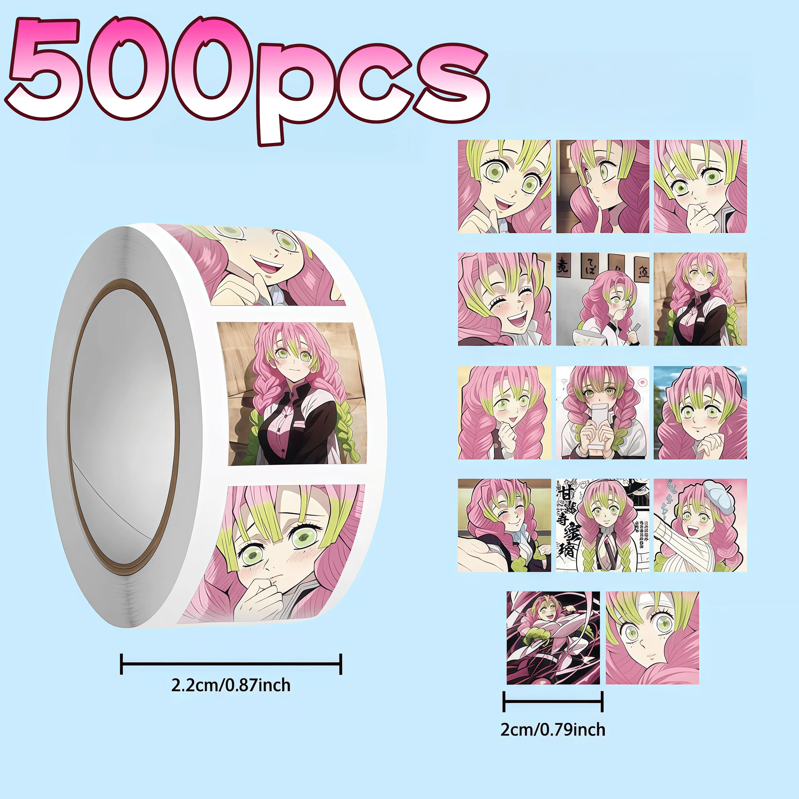 500Pcs Demon Slayer Mitsuri Kanroji Sticker Roll, Multiple Anime Expressions & Scene Seal Decals for Decor, DIY & Gifts