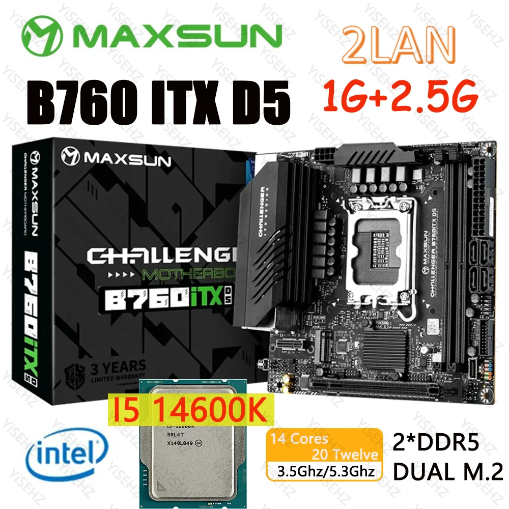 

MAXSUN B760 ITX Motherboard Kit Core Intel I5 14600K CPU 2*DDR5 Dual LAN M.2 PCIEX16 4.0 Computer Components Game Motherboard