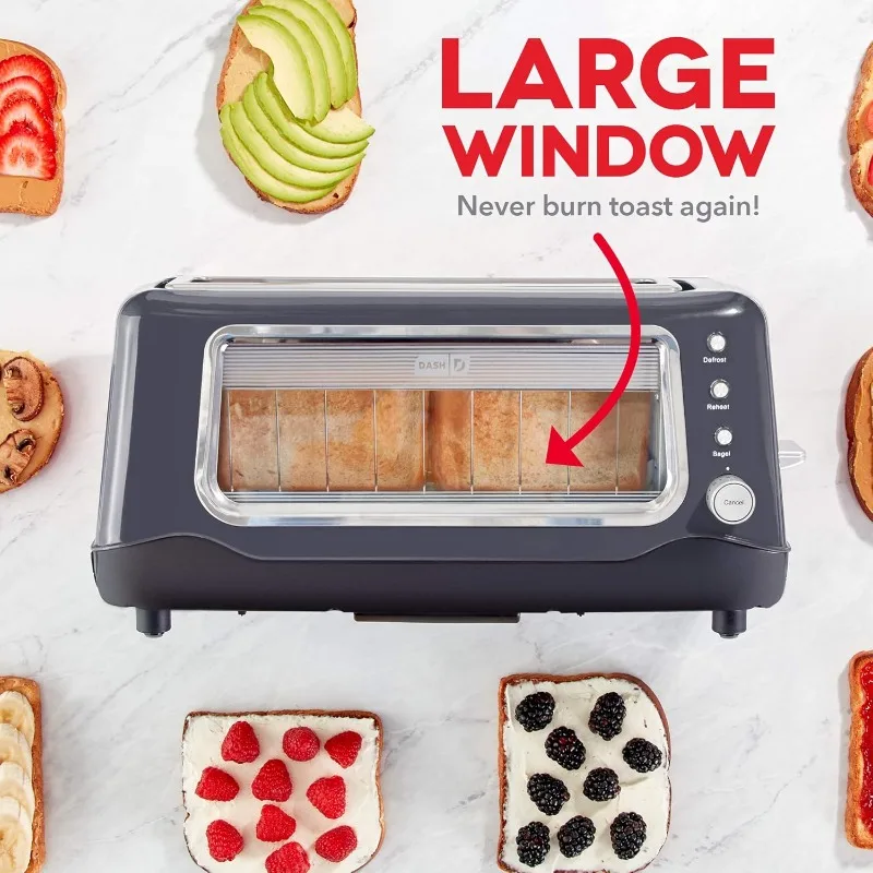 Toaster: Extra Wide Slot Toaster with See Through Window - Defrost, Reheat + Auto Shut Off Feature- Grey