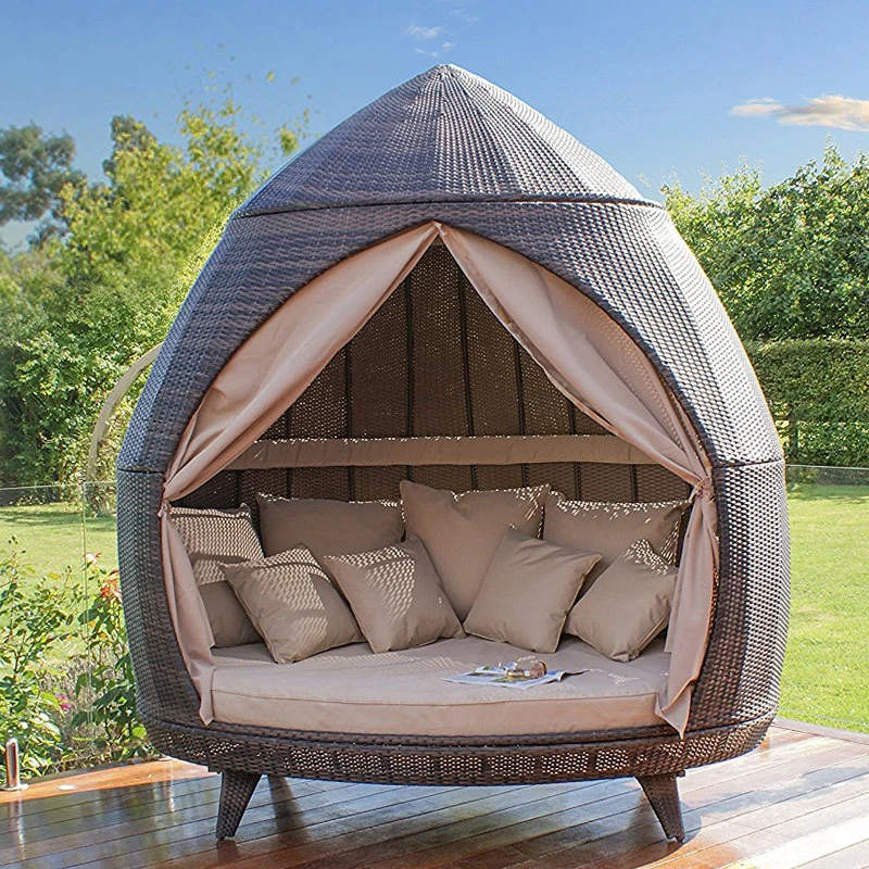 Lettini a baldacchino in vimini a forma di nido, terrazza, giardino e piscina, mobili da esterno utilizzando lettini prendisole