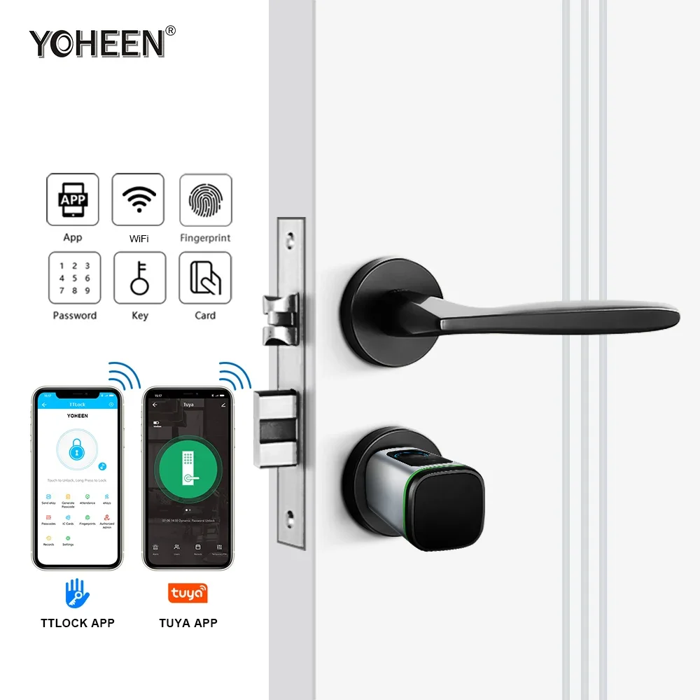 Security Electronic Cylinder Knob Key Card Digital Code Fingerprint Sensor Bluetooth TTlock App Smart Deadbolt Door Handle Lock