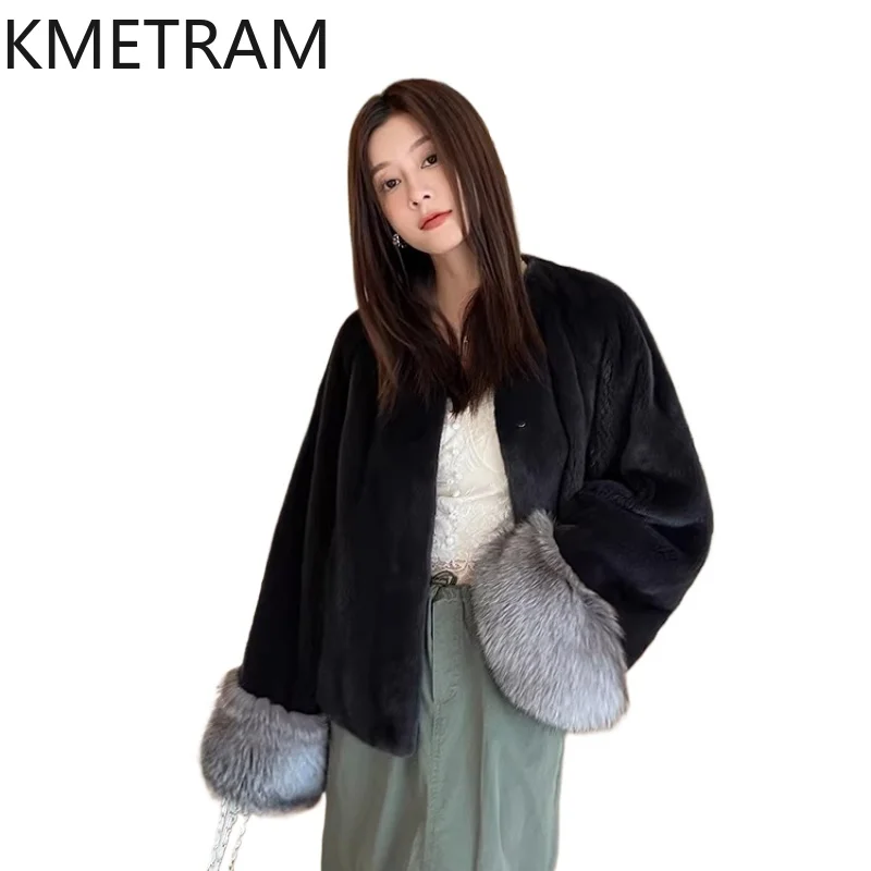 

KMETRAM 100% Natural Whole Mink Fur Jacket Woman Fashion Fox Cuffs Short Mink Fur Coat Winter Jacket Women Clothing 2026 шуба