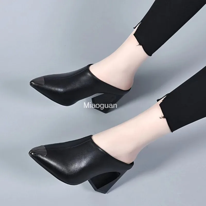 Sandalias Summer 2024 New Women‘s Slipper High Heel Sandal Shoes Classic Ladies High Quality PU Leather Slides Pumps Woman Black