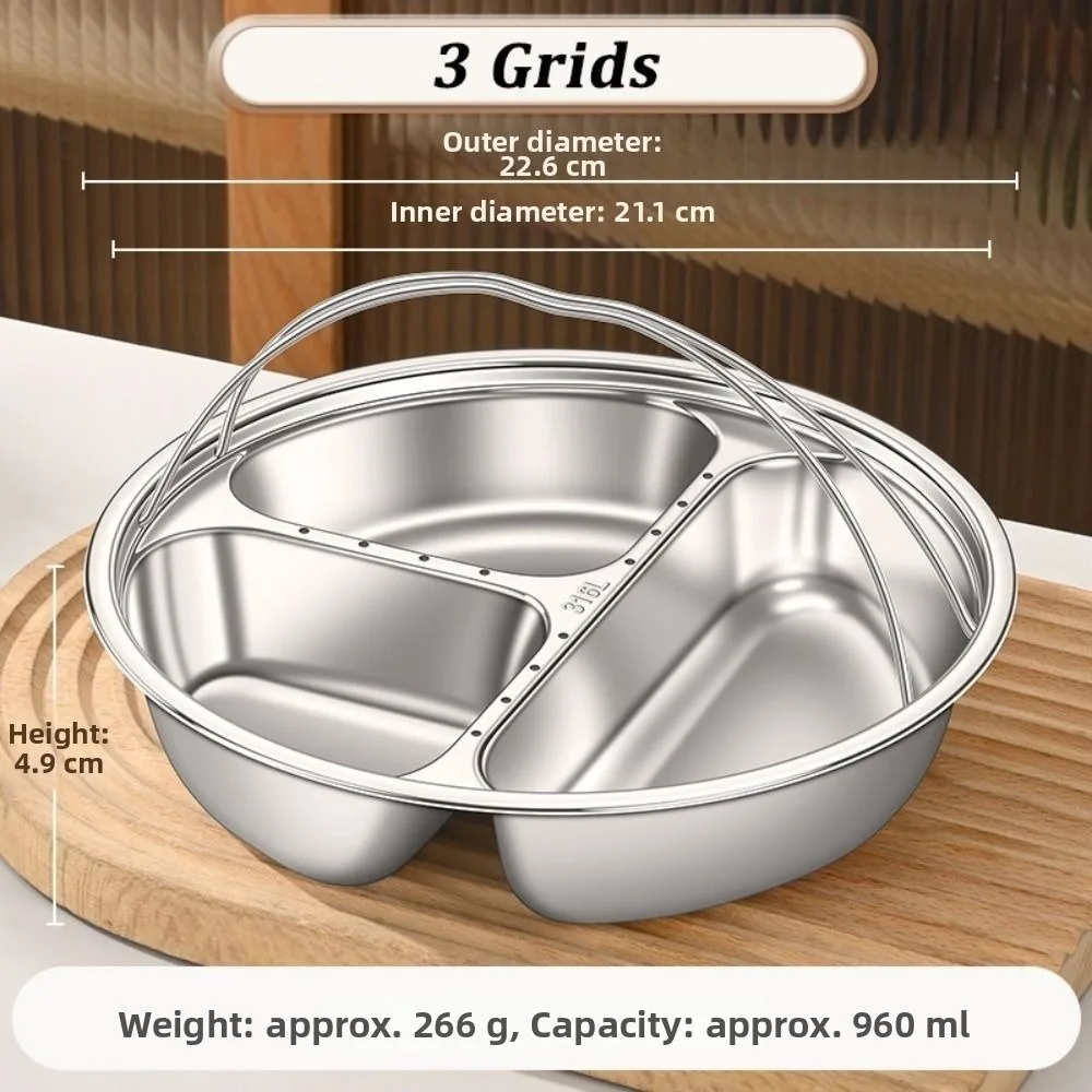 Reusable 316 Stainless Steel Divided Steamer Tray with Handle Anti-Scald Divided Meal Tray 3/4/5 Grids Steamer Rack