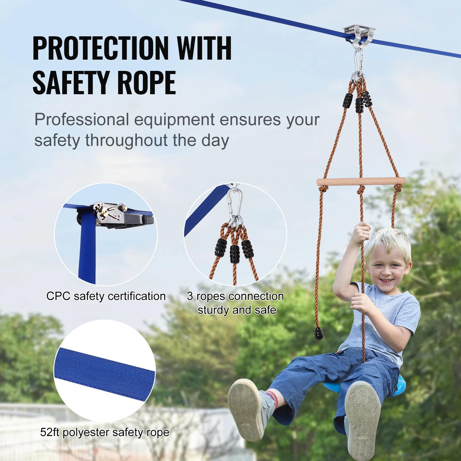 Imagem -04 - Kit Vevor Zip Line para Crianças e Adultos Assento e Guiador de Quintal Configuração Rápida Exterior até 500 lb 52 Pés