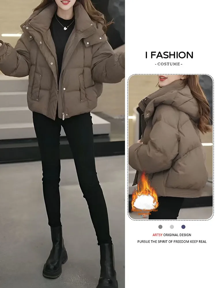 

Утепленная зимняя куртка из флиса для женщин: модное теплое пальто с высоким воротником и капюшоном, короткое хлопковое пальто в корейском стиле, свободный крой для повседневной носки