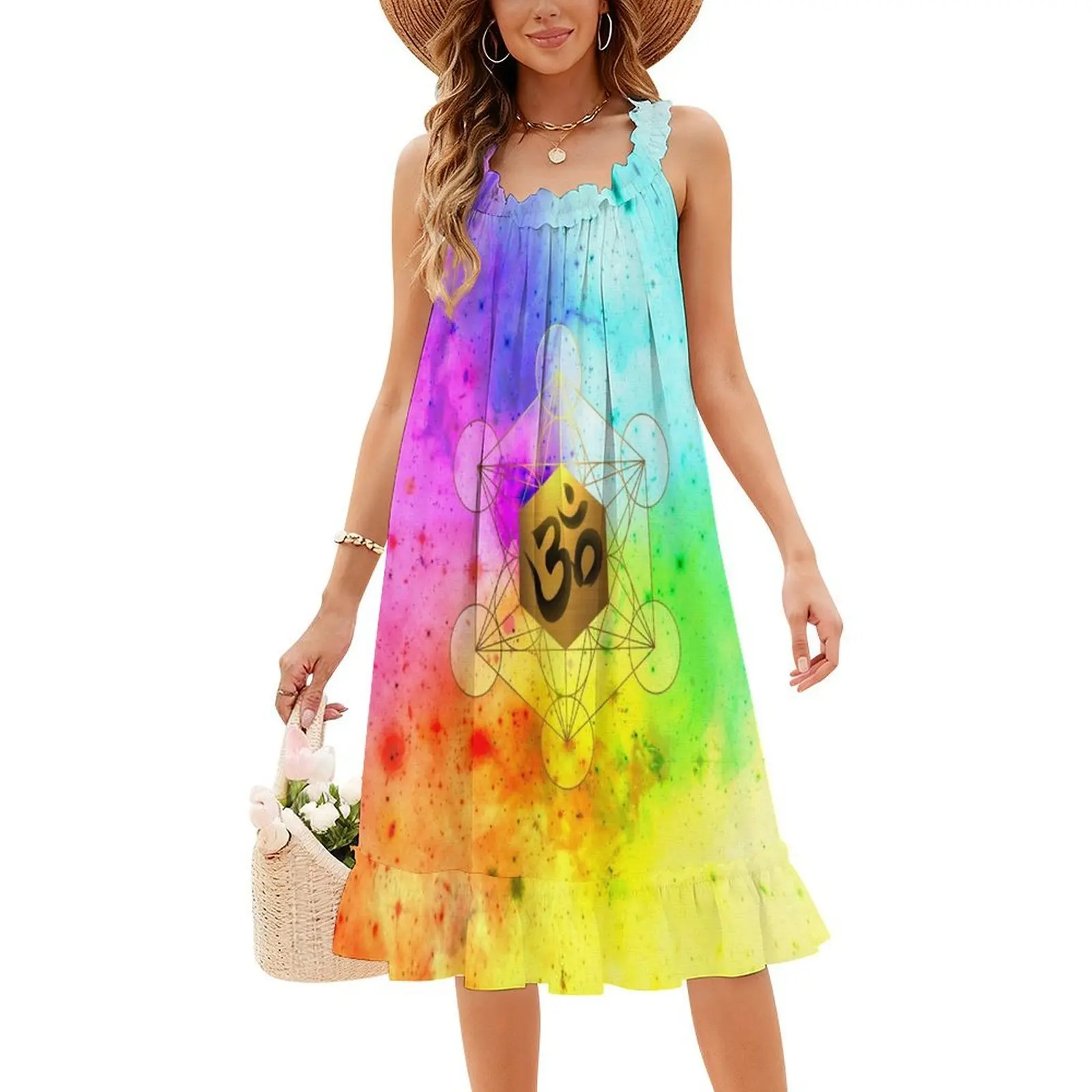 الهندسة المقدسة Metatron'S Cube Om Chant فستان سموك الأزهار للنساء الربيع الصيف فستان كاجوال للحزب الهندسة المقدسة Om