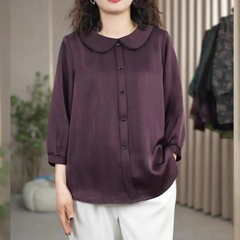

Fashionable Spring Autumn Noble Lady Pearl Satin Doll Neck Temperament Mother Dress Thin