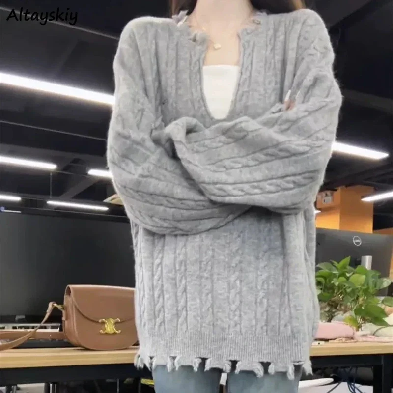 

Long Sleeve Pullover Women Simple Autumn Coats Keep Warm Casual Slouchy Sweet Girl V-neck Designed Gentle Loose Sweater Tender