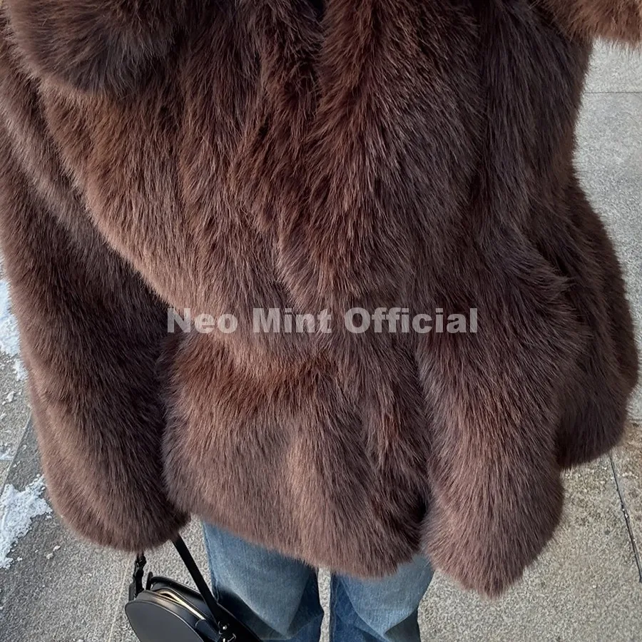 Neo Mint Trendy 2026 Winter Hot Chocolate Brown Peplum Fur Jacket Women Vintage Fashion Fluffy Faux Fox Fur Coat Long Outerwear