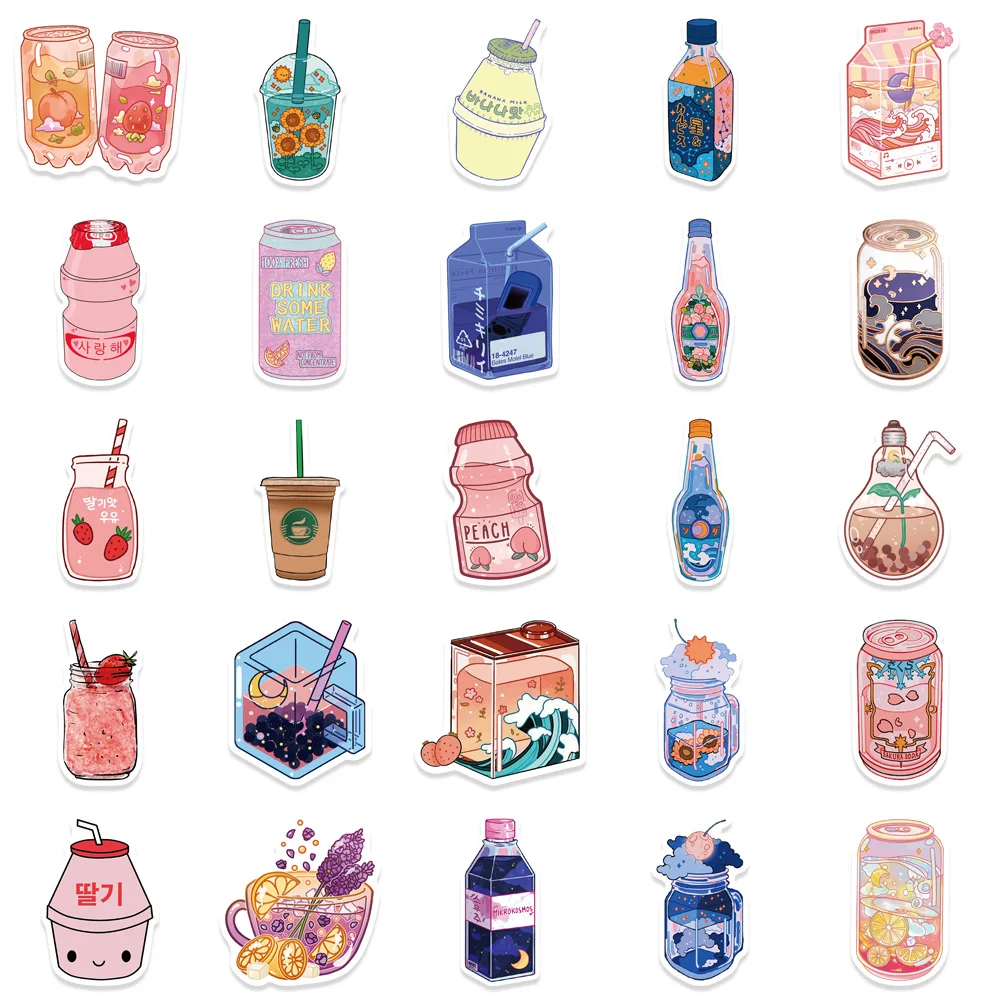 50/100pcs VSCO Ins Drink Cartoon Stickers Summer Water Bottle Aesthetic Decals for Laptop Bicycle Skateboard Luggage Kids Toy