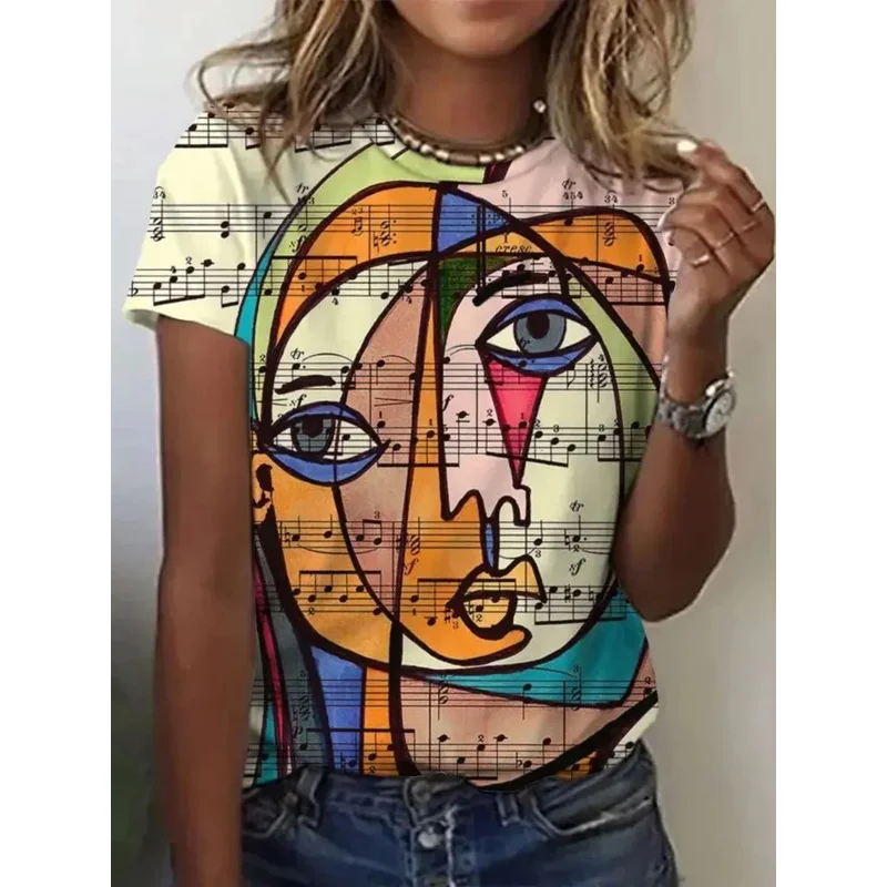 ピカソ抽象 3D 絵画ヴィンテージエレガントな女性の Tシャツ半袖ファッショントレンド Tシャツカジュアルスタイル婦人服