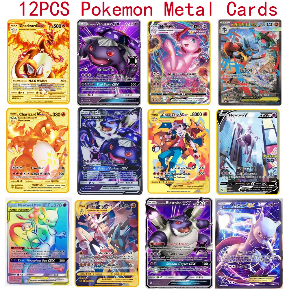 Poké Vmax Poke Cards Vstar GX V English Metal Card Anime Charizard Mewtwo Blastoise Shiny Letters Game Collection Card Toy