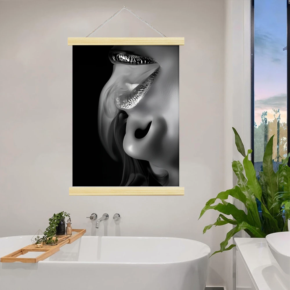 1pcs 2D Flat Reusable Classic Rectangle Scroll Canvas Painting Poster Hanger Wall Art,Pink Lips with Diamond Ring, Abstract Art view 2