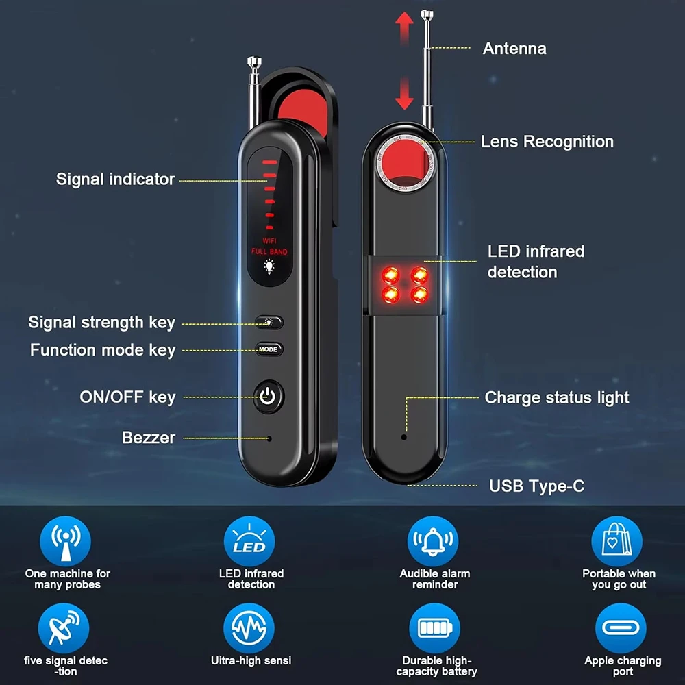 T01 Anti Spy Camera Detector RF Signal Scanner GPS Tracker Finder Bug Detector Wireless Hidden Camera Detector Infrared Scanner