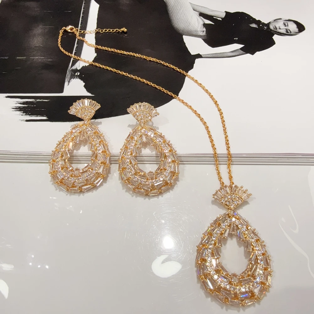 

Новые модные роскошные комплекты ожерелья и серег из 2 предметов, комплект ювелирных изделий для женщин, свадебная вечеринка, полный циркон, Дубай, свадебные комплекты украшений FHK22112