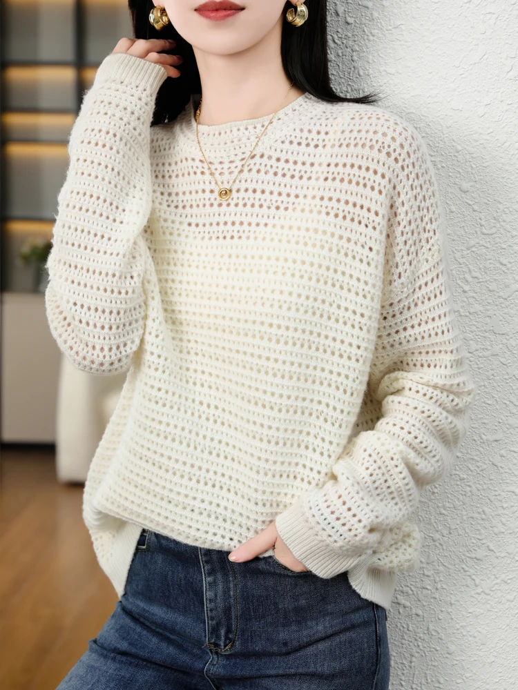 Addonee 2024 Mode Frauen Hohl pullover O-Ausschnitt lässig lose Stil Pullover Frühling Herbst 100% Merinowolle Strickwaren koreanische Tops