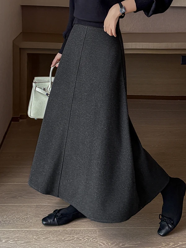 High Waist Midi A-Line Skirt Woolen Floor Length Slimming Versatile Ladies Fashion Autumn Winter Polyester Fiber Skirts