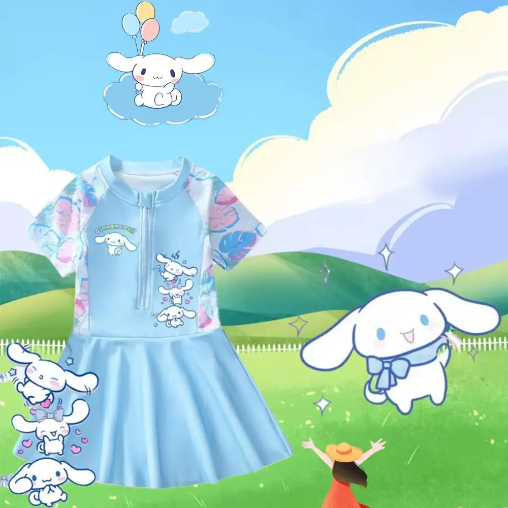 

Милый цельный купальник в стиле аниме Sanrio Cinnamoroll для девочек, новый быстросохнущий купальник с героями мультфильмов, праздничная пляжная одежда для девочек, синее платье, подарок горячей весны
