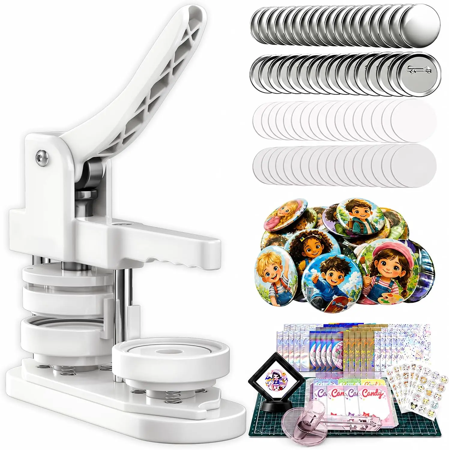 58mm Button Maker Machine Kit, Installation-Free Button Pin Maker & Pin Maker Machine with 100 Sets Supplies, Circle Cutter & Bo