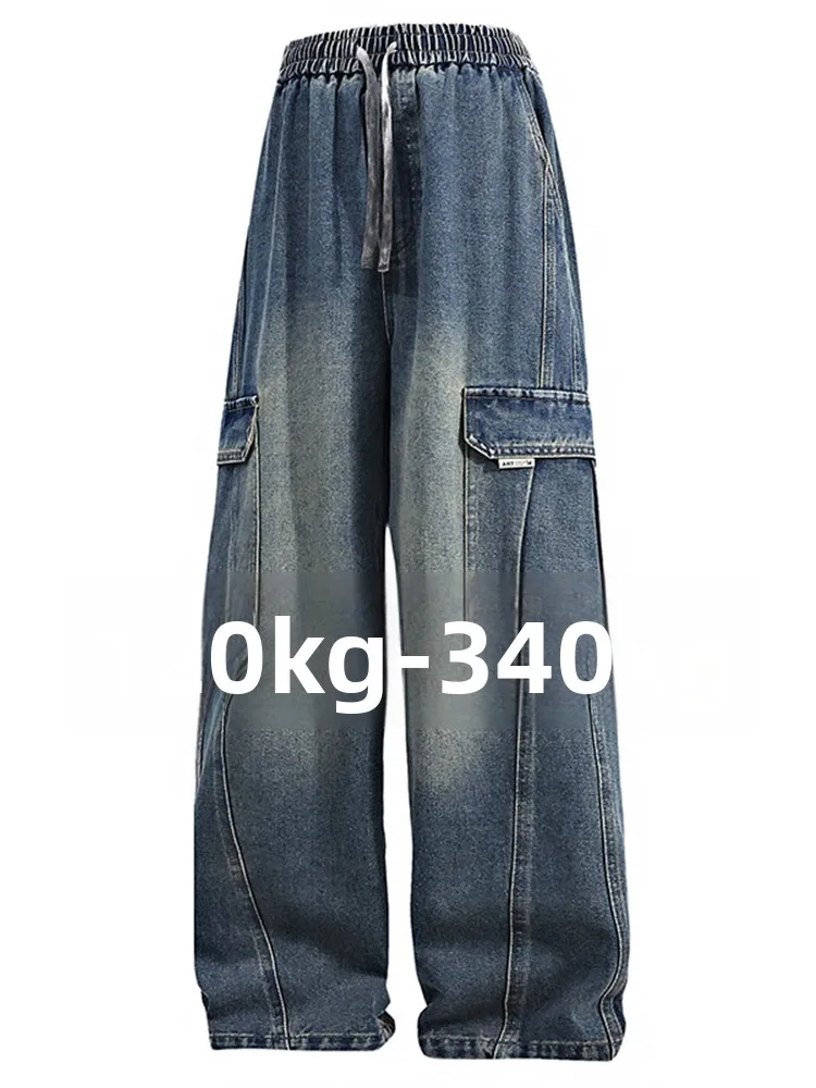 plus Size American Retro Workwear Jeans Men's Spring Autumn Loose Straight Leg Extra Large Fat Wide Leg Pants Casual Cotton P...